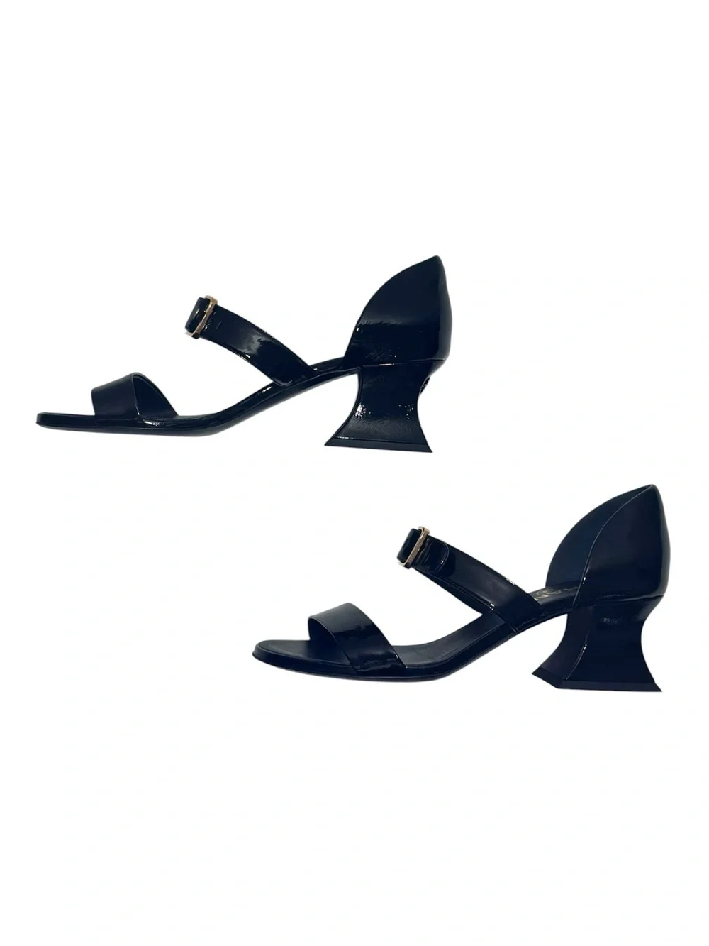CHANEL Black Patent Goatskin 2022 22S Curved Block Heel Sandal size 36 Authentic